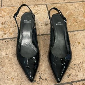 Stuart Weitzman black patent sling back kitten heels